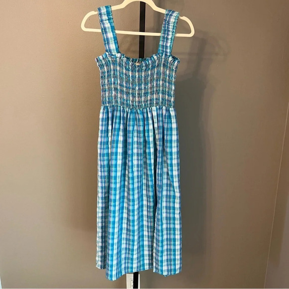 Nicholas Smocked Apron Plaid Midi Dress Turquoise Blue 2 Summer Boho Coastal - Picture 2 of 7
